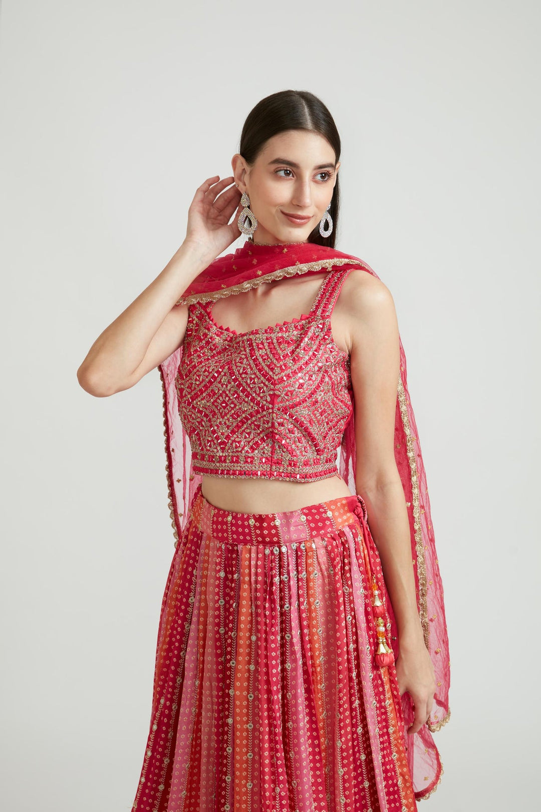 Neerus Pink silk embellished lehenga choli set - back view