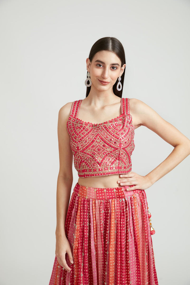 Neerus Pink silk embellished lehenga choli set - side view