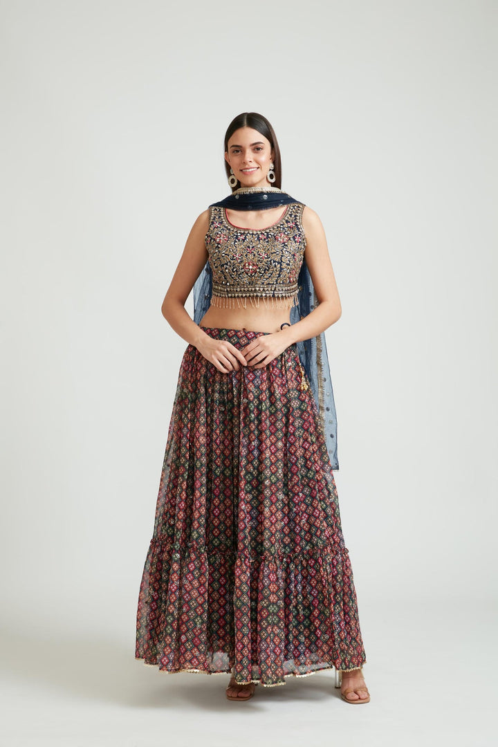 Neerus Blue georgette embellished lehenga choli set - front view