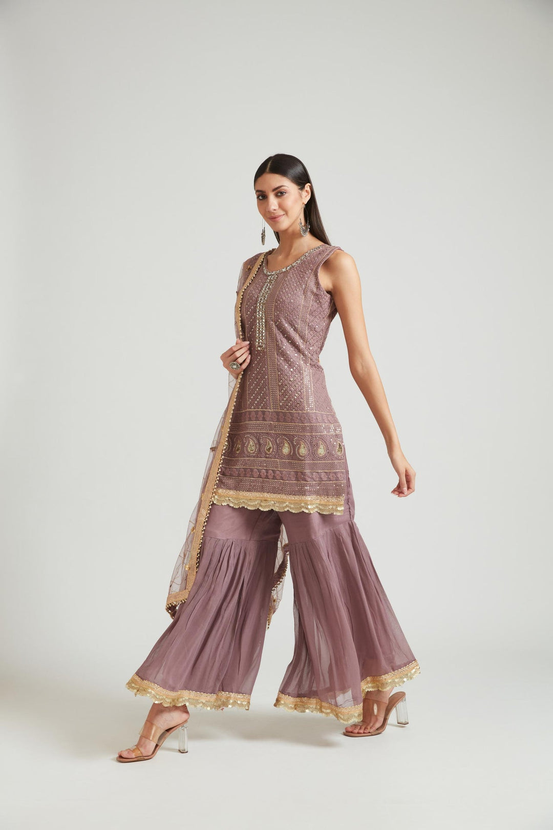 Neerus Purple georgette kurta set - front view
