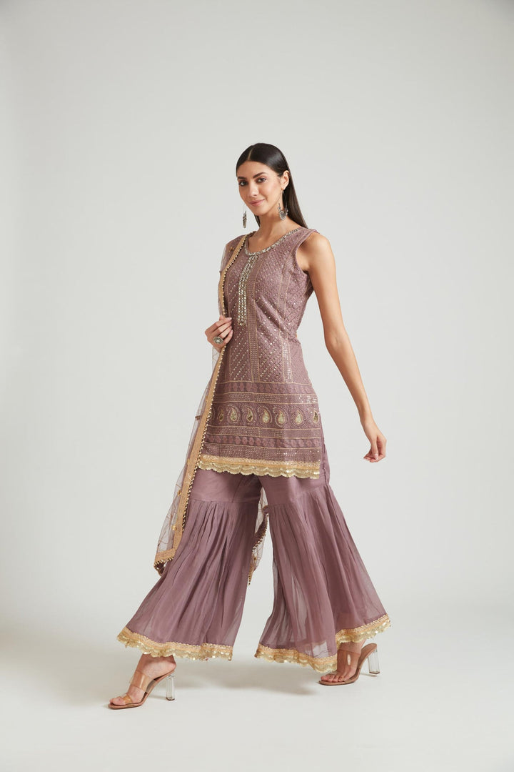 Neerus Purple georgette kurta set - front view