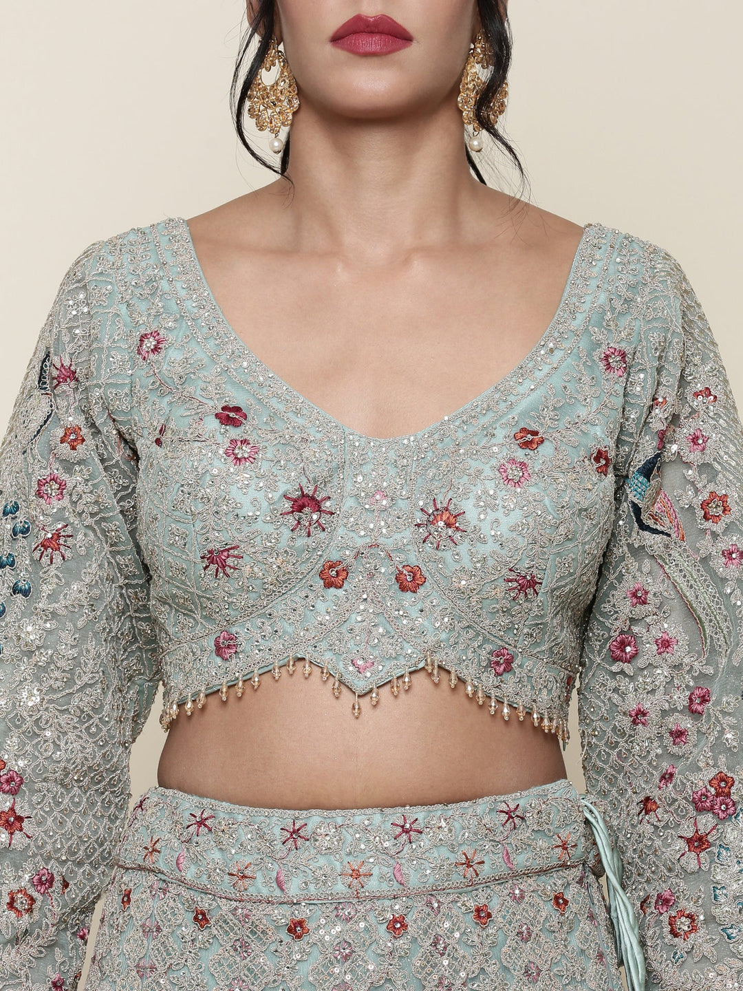 Neerus Green net embroidered lehenga ghagra set - detail view 1