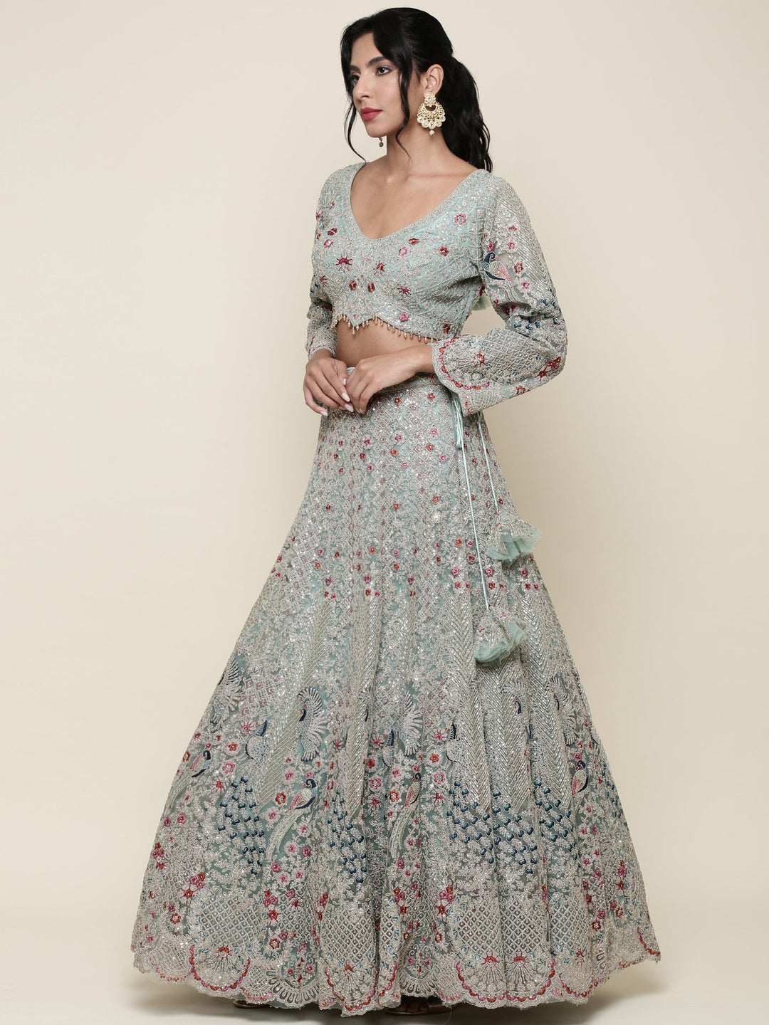 Neerus Green net embroidered lehenga ghagra set - back view