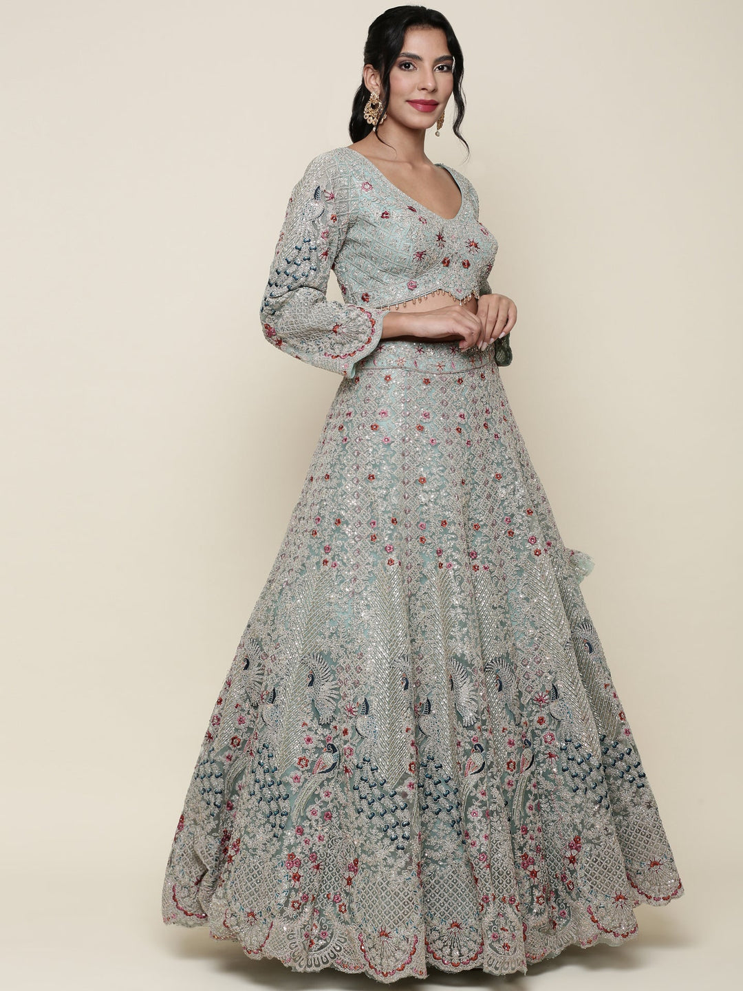 Neerus Green net embroidered lehenga ghagra set - detail view 2