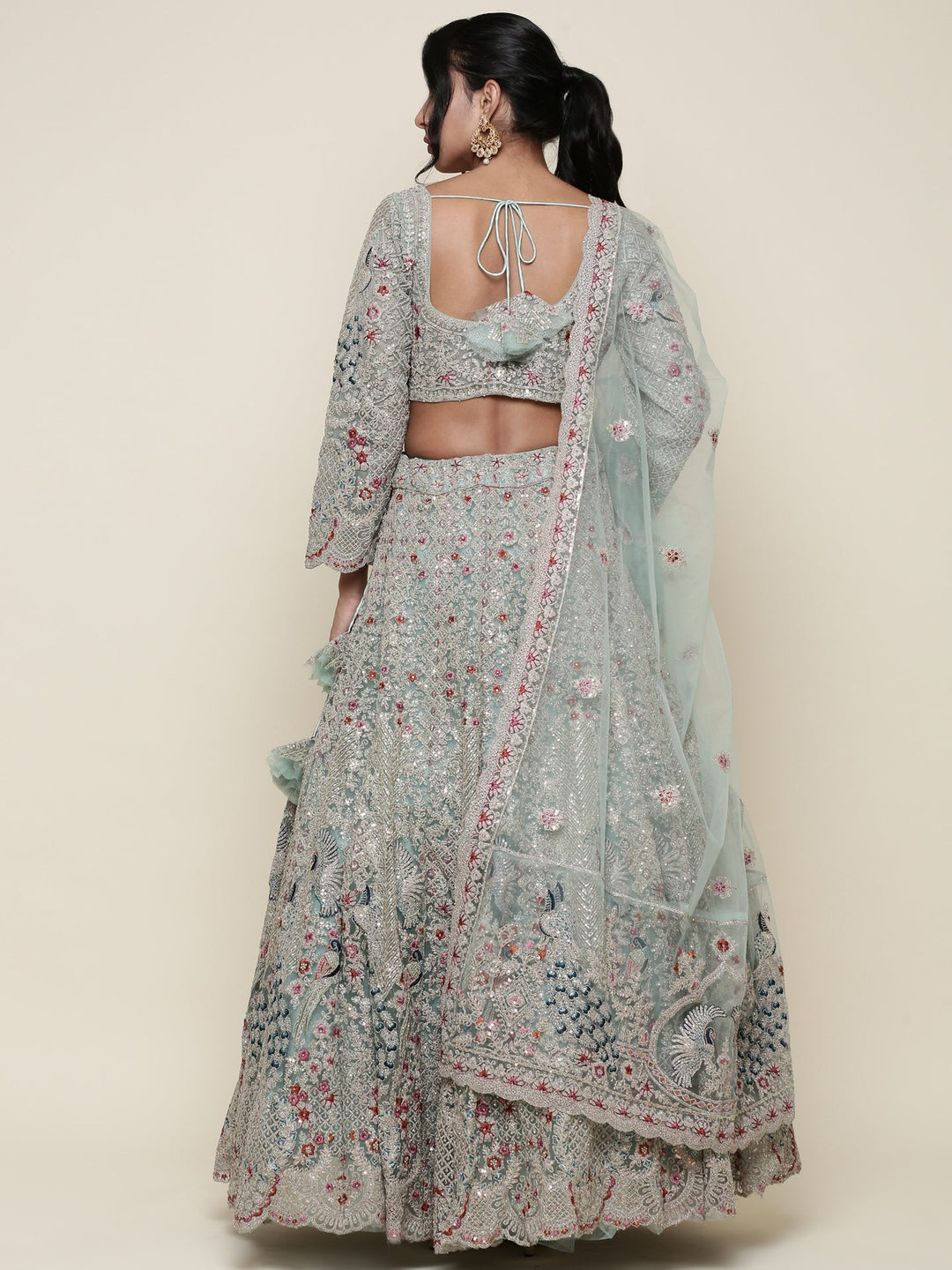 Neerus Green net embroidered lehenga ghagra set - side view