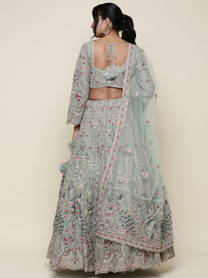 Neerus Green net embroidered lehenga ghagra set - side view