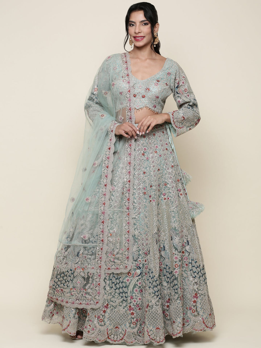 Neerus Green net embroidered lehenga ghagra set - front view
