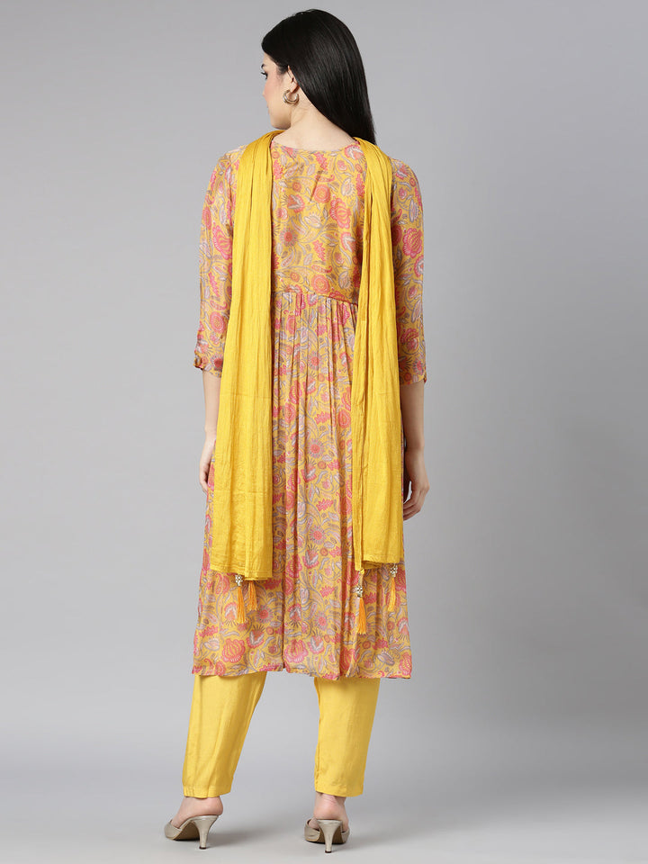 Neerus Yellow printed floral kurta set with trouser and dupatta - side view