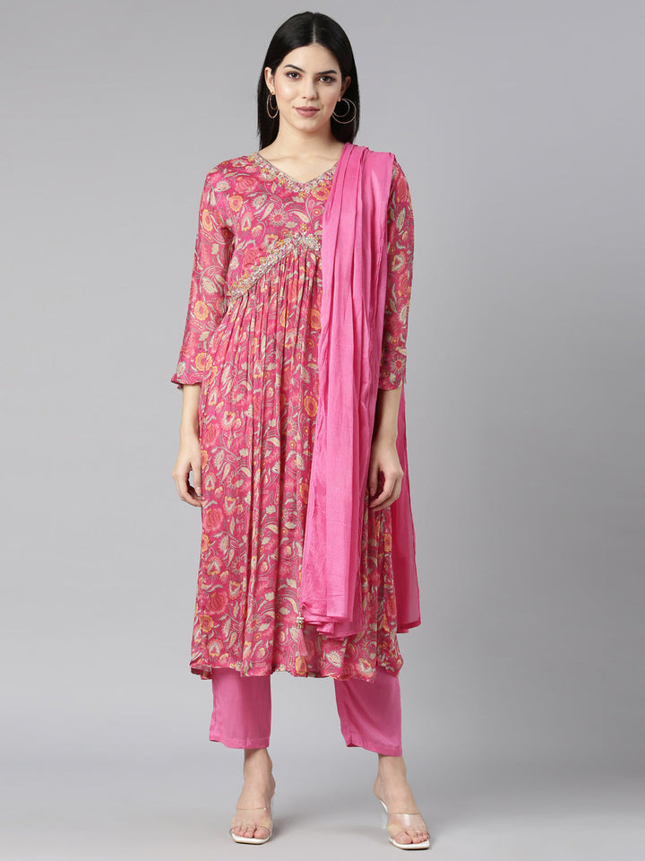 Neerus Pink printed floral kurta set with trouser and dupatta - front view