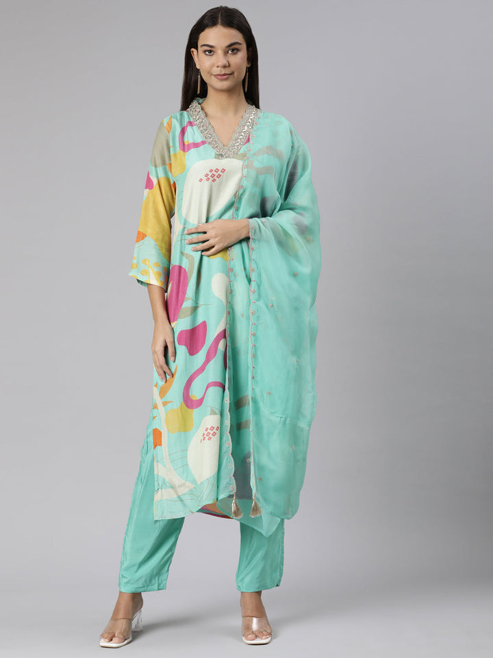 Neerus Sea Green Regular Straight Geometric Kurta And Trousers With Dupatta