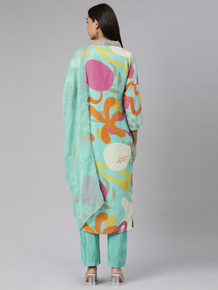 Neerus Sea Green Regular Straight Geometric Kurta And Trousers With Dupatta