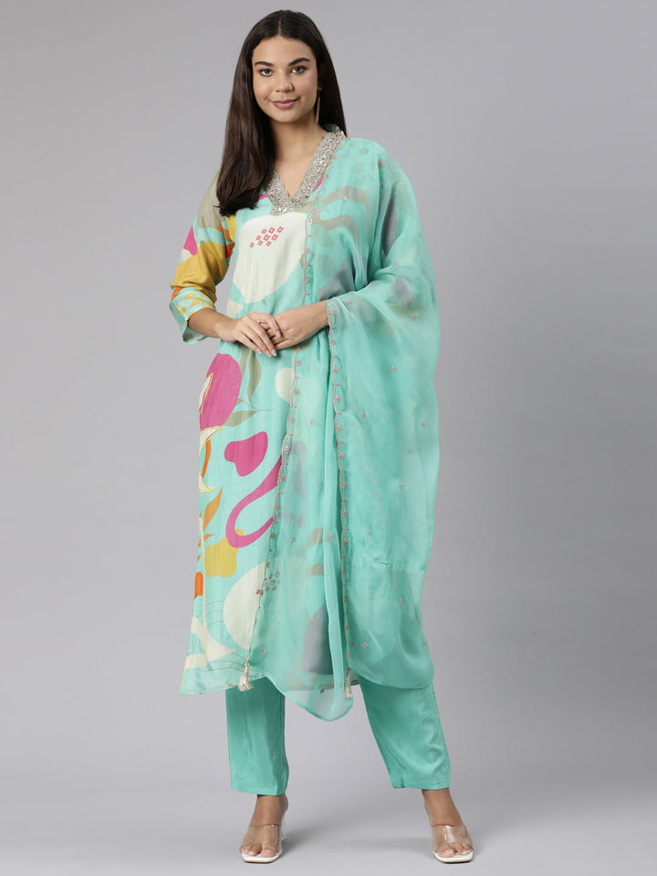 Neerus Sea Green Regular Straight Geometric Kurta And Trousers With Dupatta