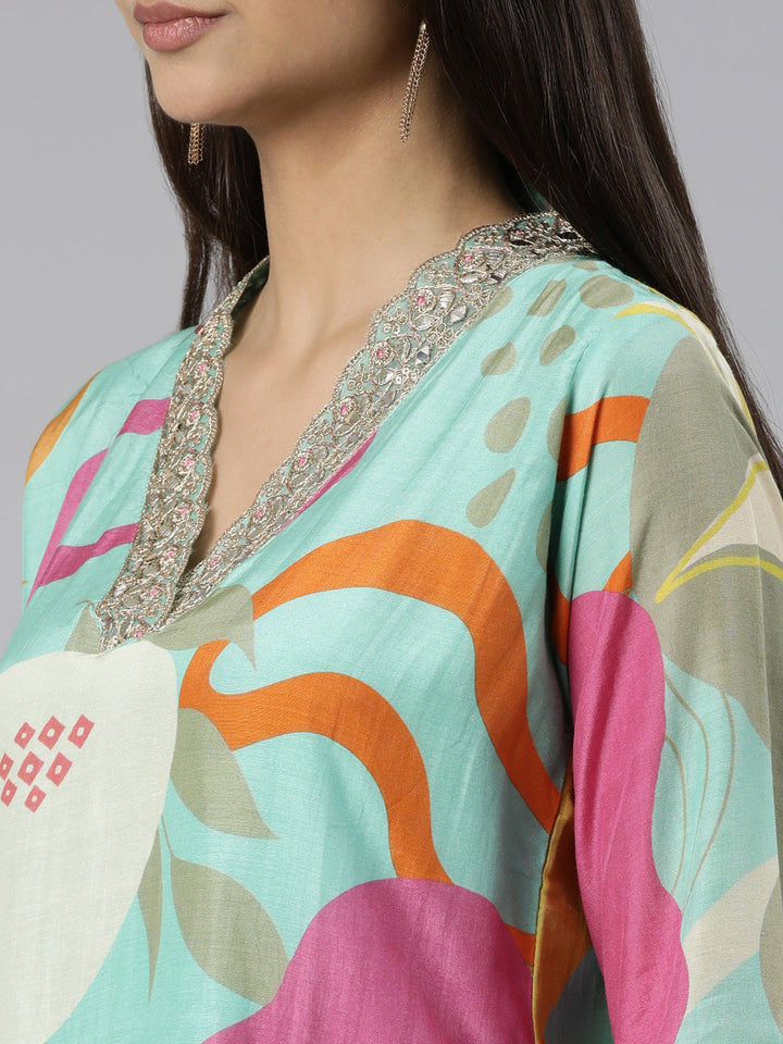 Neerus Sea Green Regular Straight Geometric Kurta And Trousers With Dupatta