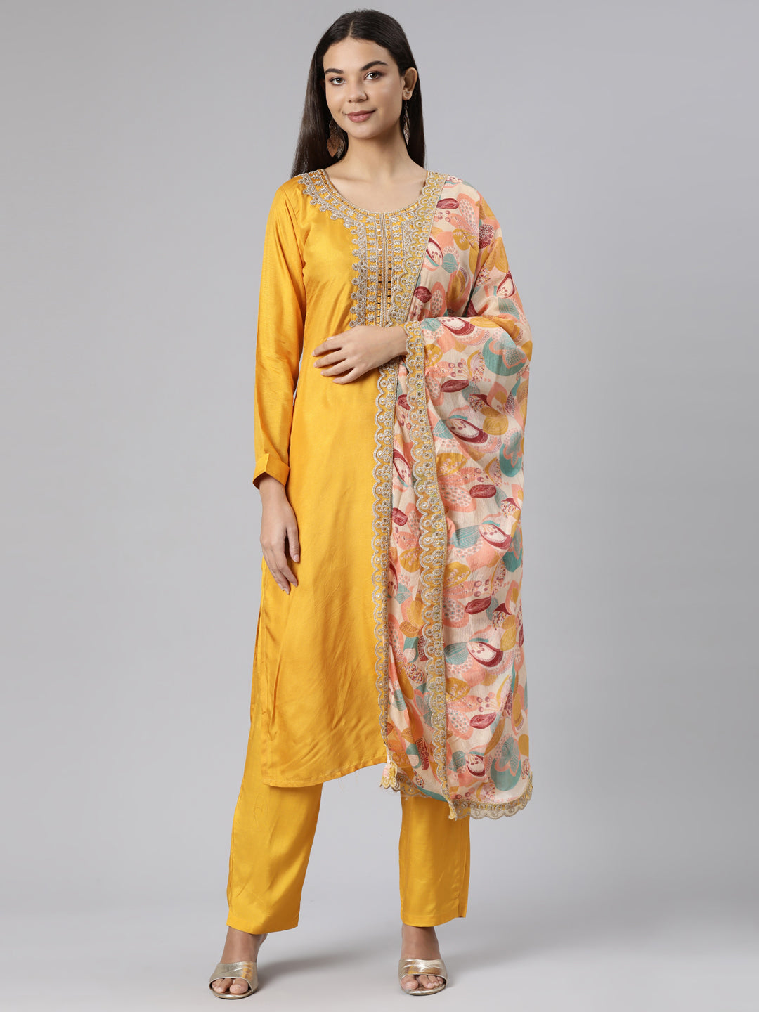 Neerus Yellow raw silk solid suit set - front view