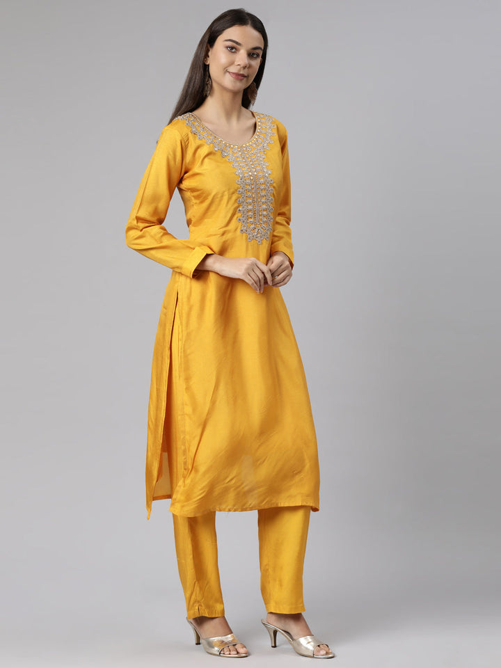 Neerus Yellow raw silk solid suit set - back view