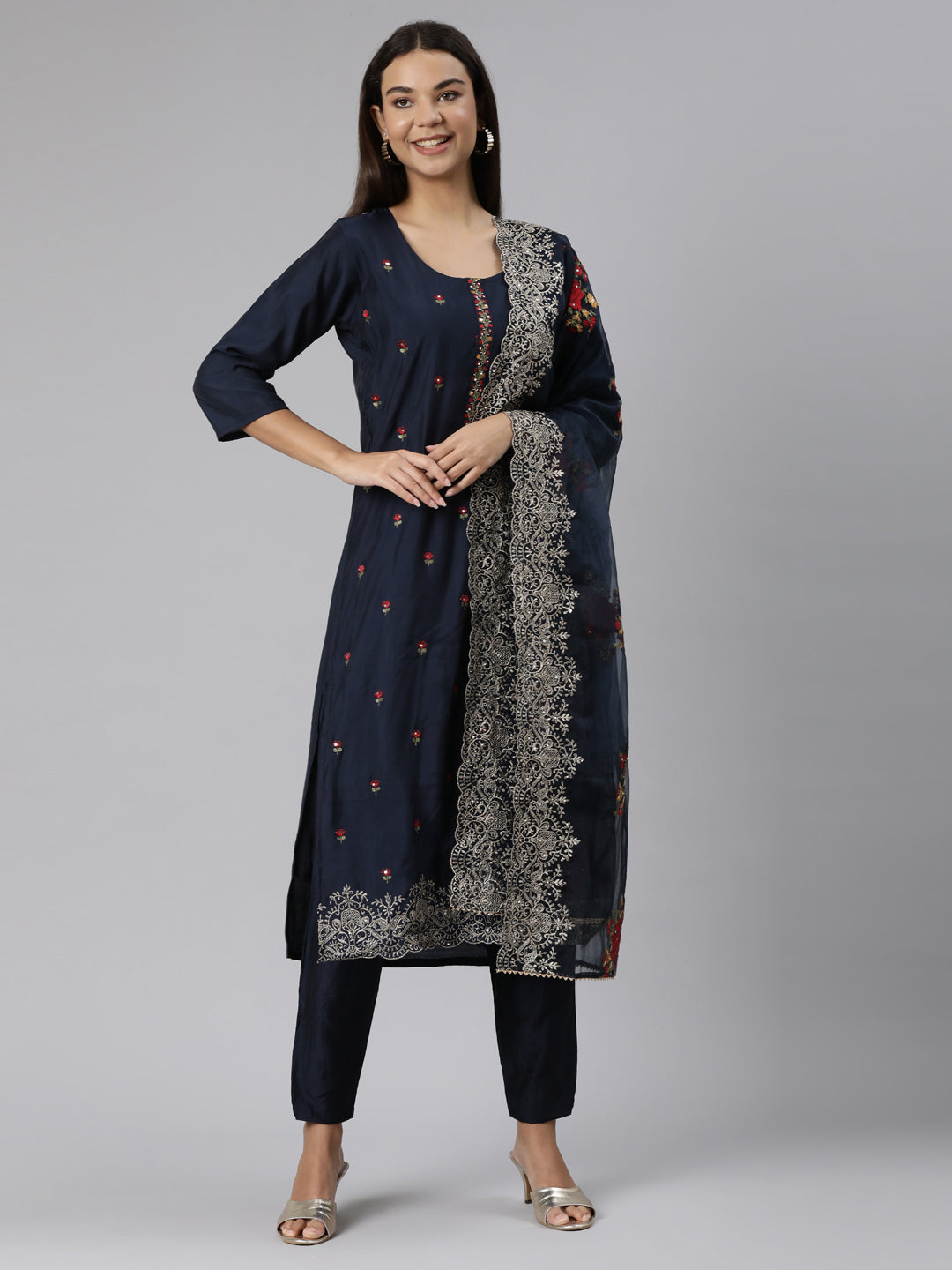 Neerus Blue printed floral straight suit set - front view