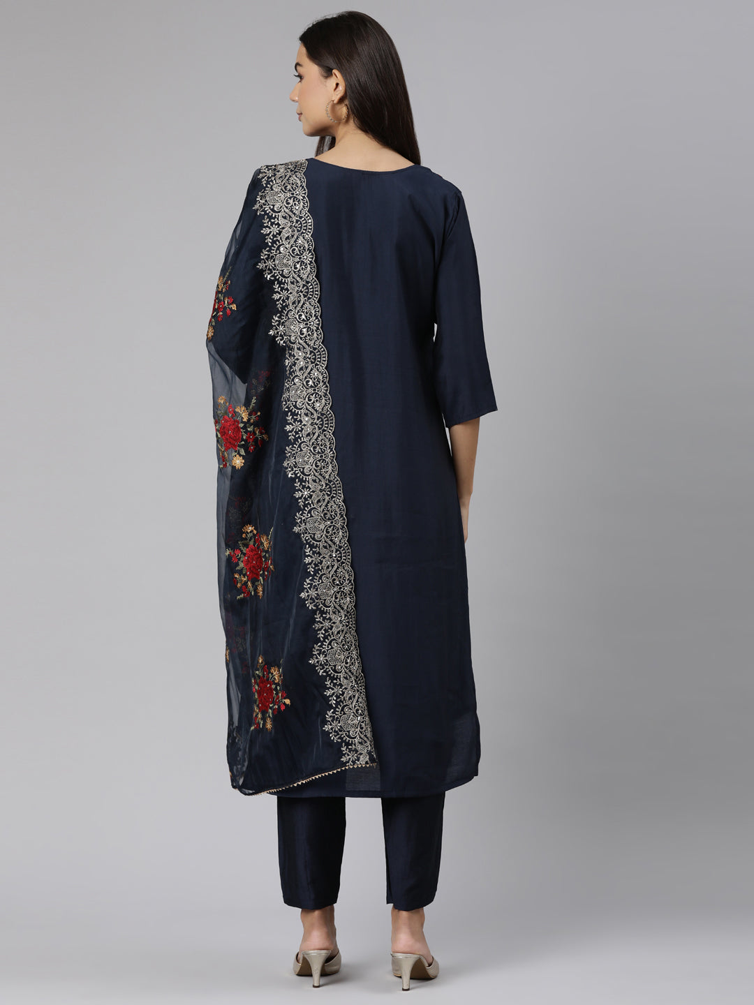 Neerus Blue printed floral straight suit set - side view