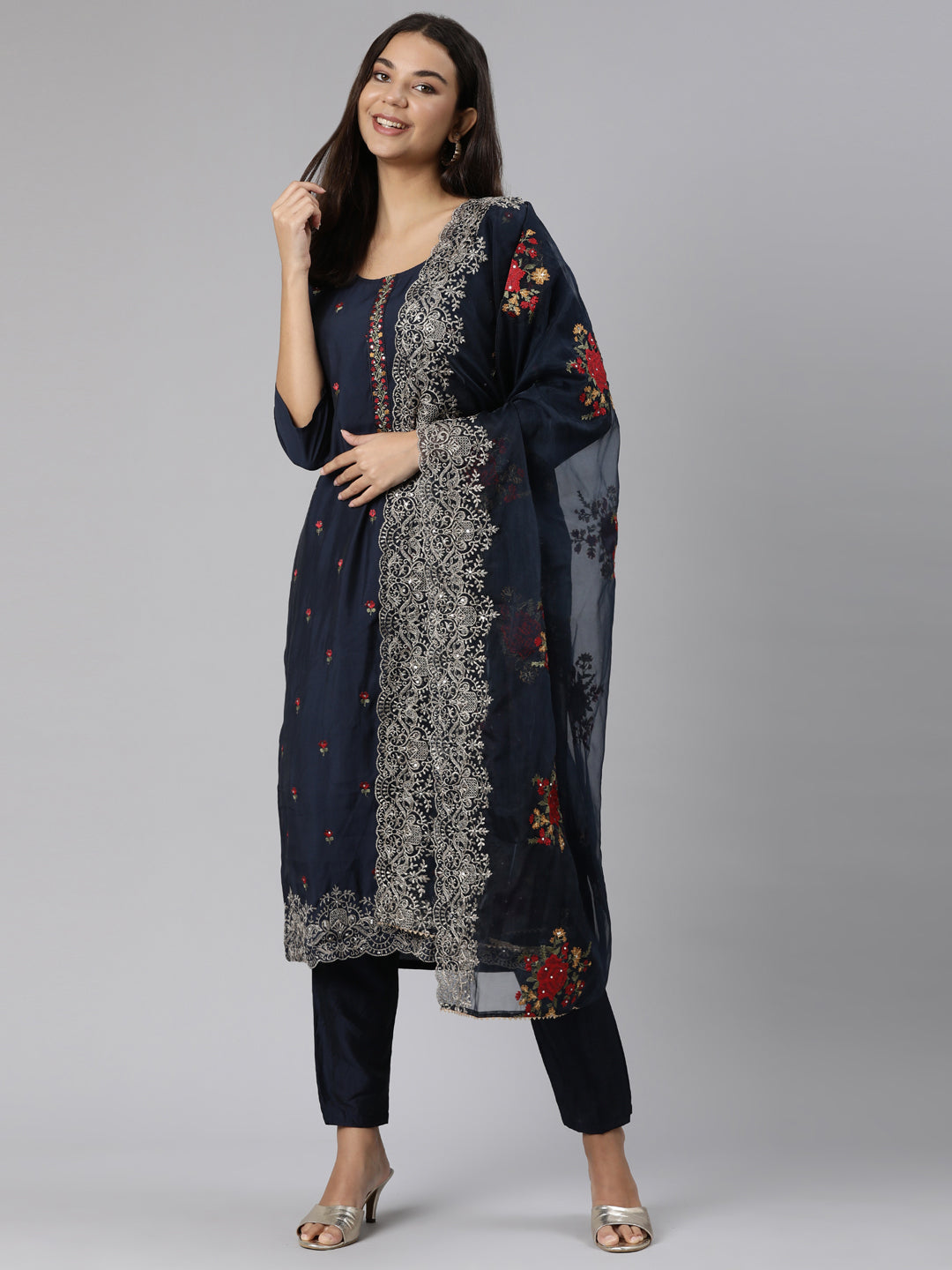 Neerus Blue printed floral straight suit set - detail view 2