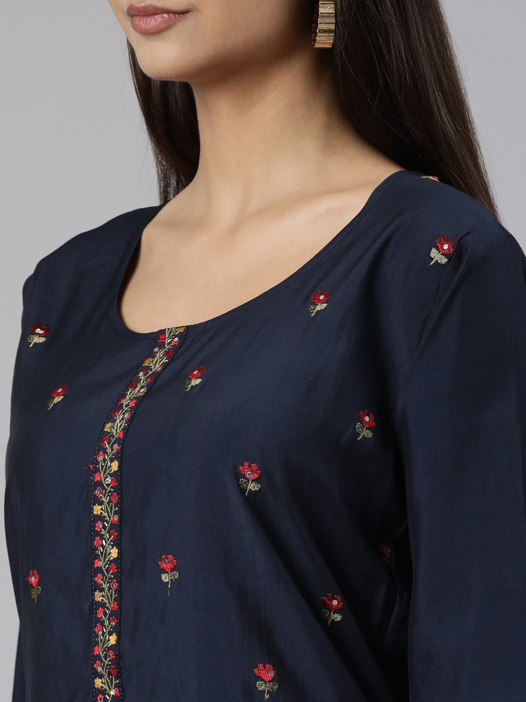 Neerus Blue printed floral straight suit set - detail view 1