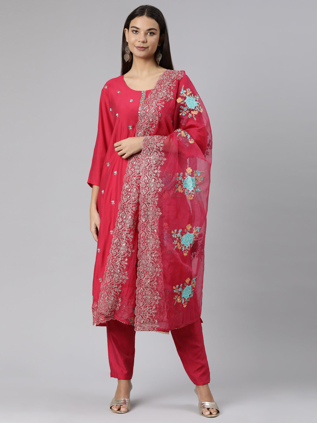 Neerus Pink printed floral straight suit set - front view