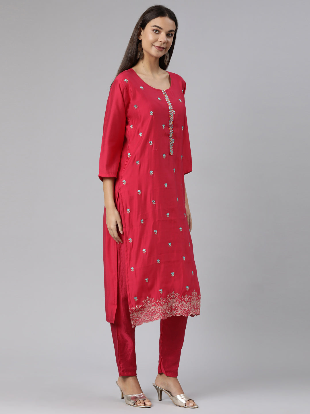 Neerus Pink printed floral straight suit set - back view