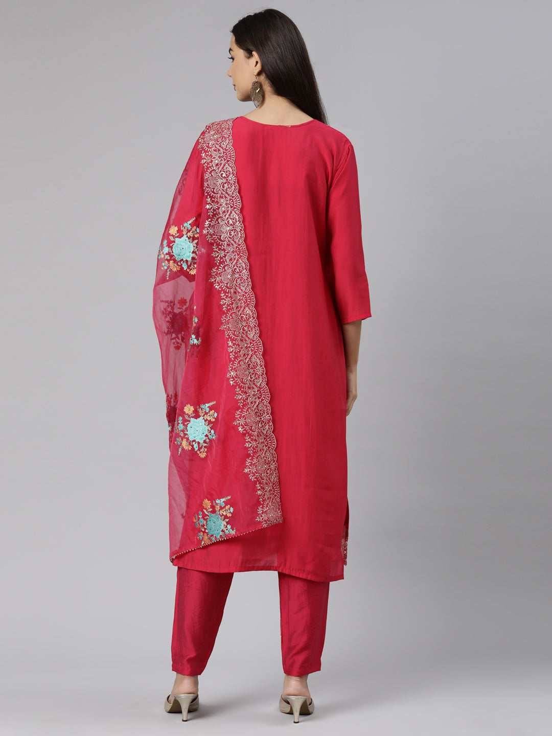 Neerus Pink printed floral straight suit set - side view