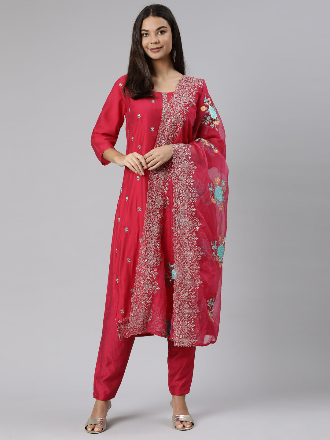Neerus Pink printed floral straight suit set - detail view 2