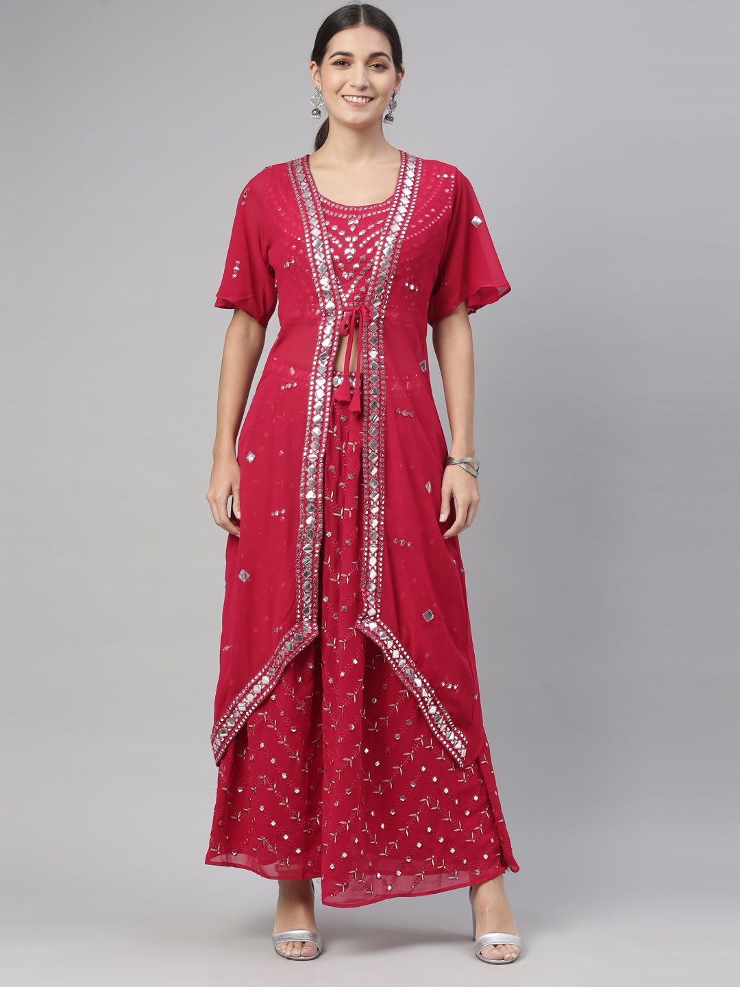 Neerus Maroon Georgette Mirror Work Suit Set - detail view 18