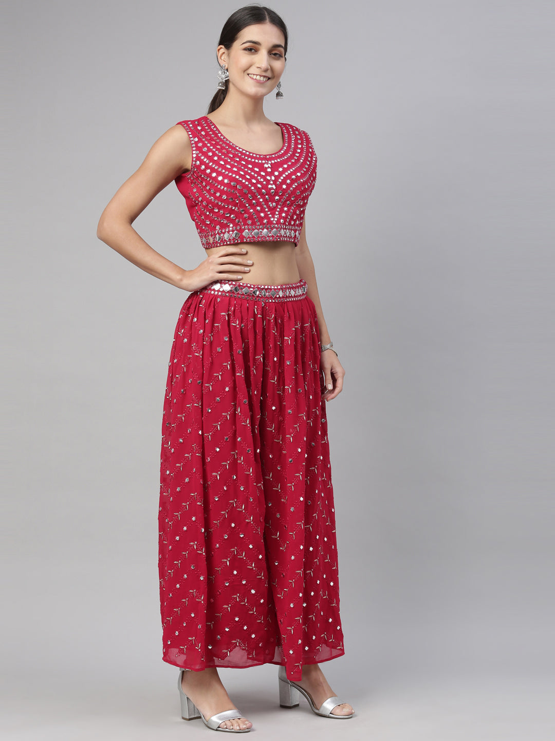 Neerus Maroon Georgette Mirror Work Suit Set - detail view 14
