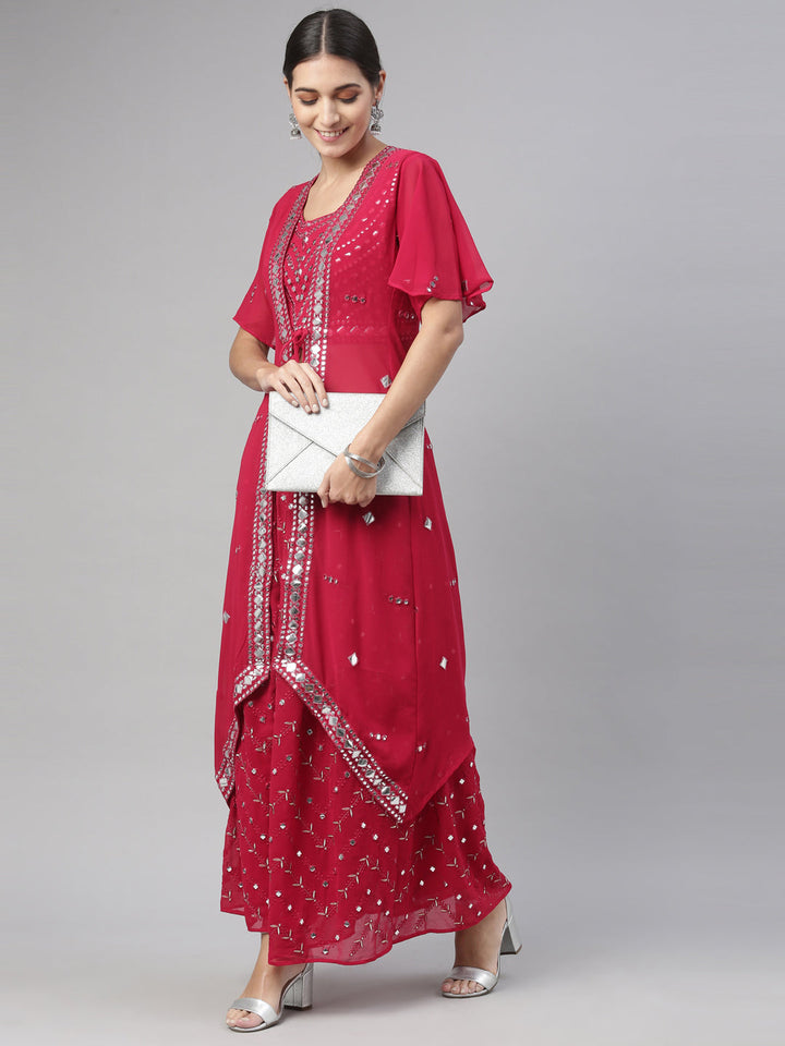 Neerus Maroon Georgette Mirror Work Suit Set - detail view 6