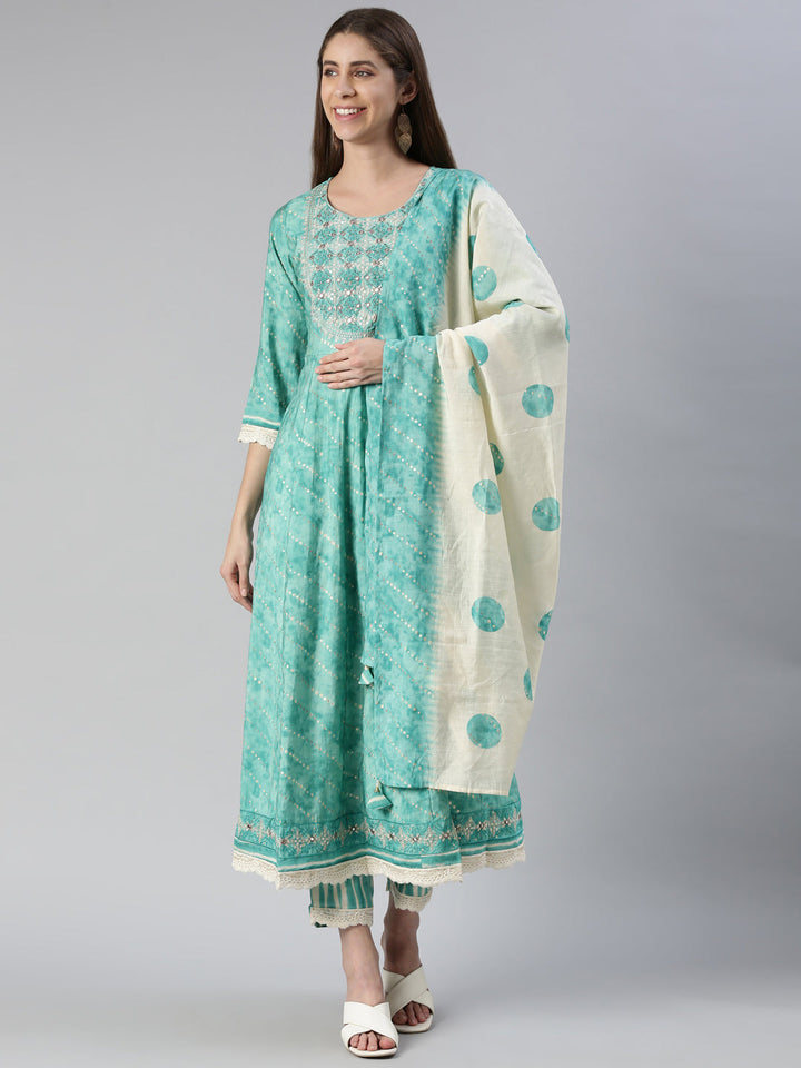 Neerus Blue embroidered kurta set with trouser and dupatta - front view