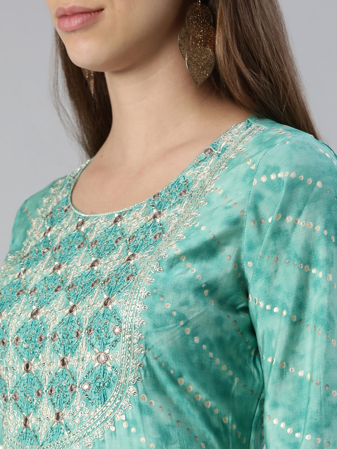 Neerus Blue embroidered kurta set with trouser and dupatta - detail view 1