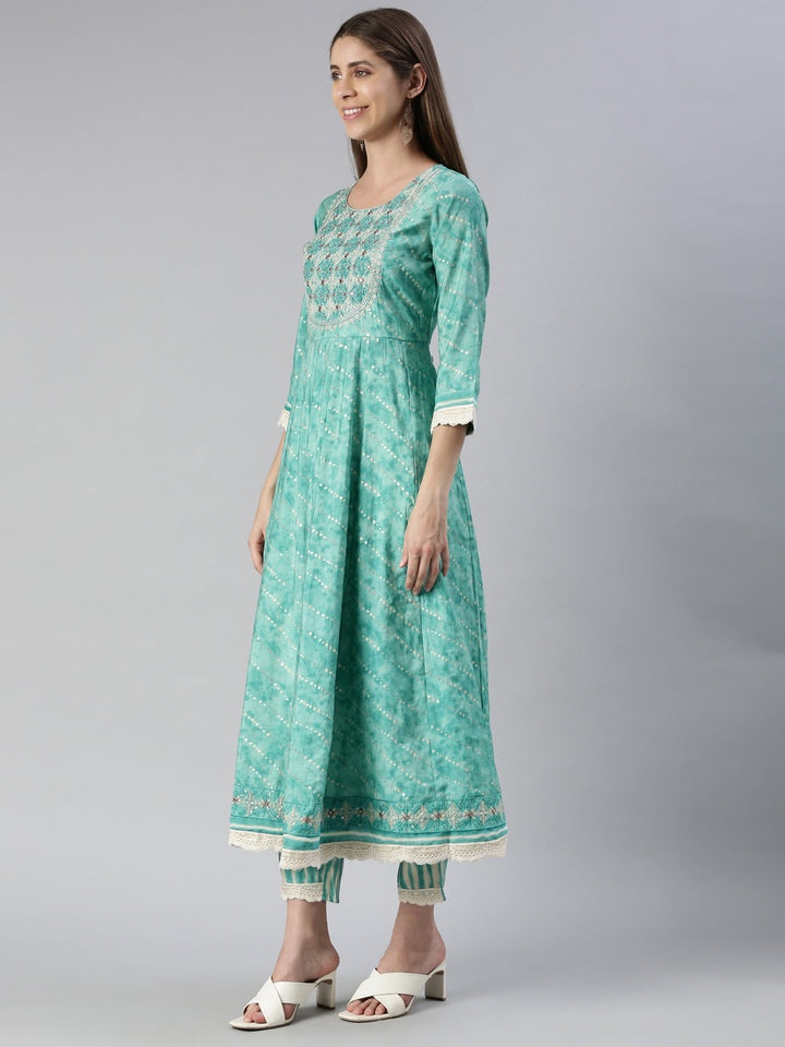 Neerus Blue embroidered kurta set with trouser and dupatta - back view