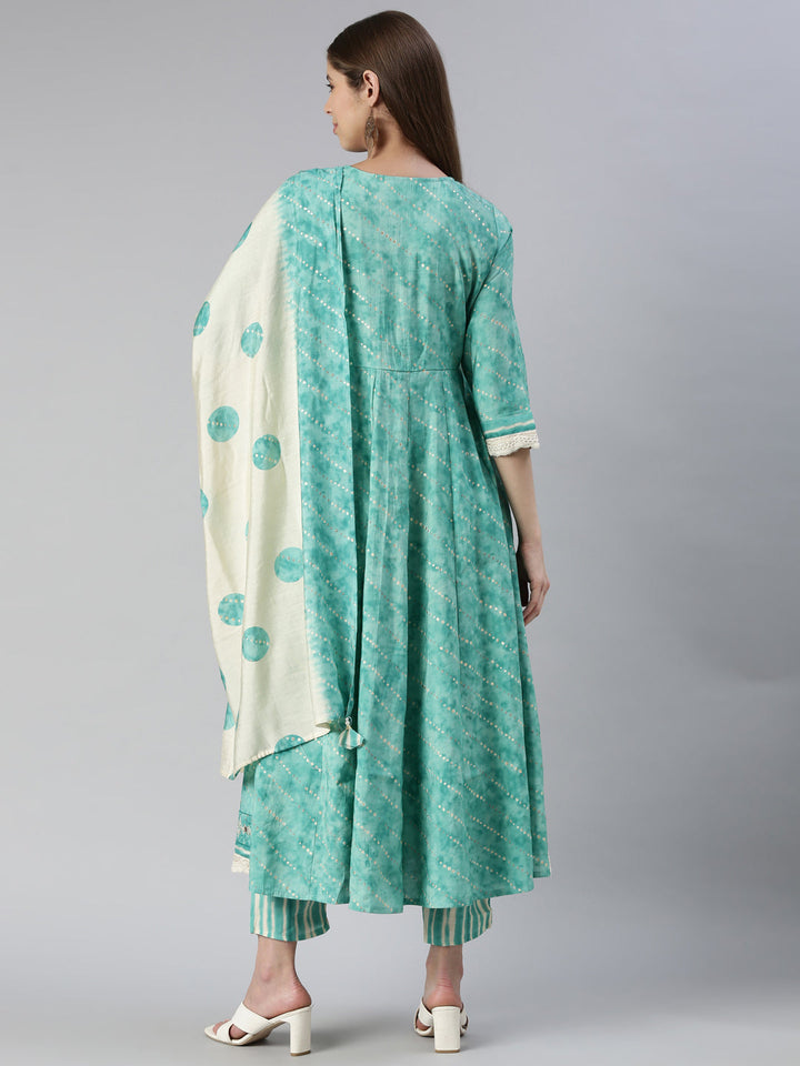 Neerus Blue embroidered kurta set with trouser and dupatta - side view