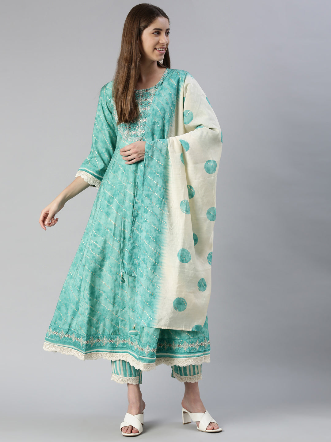 Neerus Blue embroidered kurta set with trouser and dupatta - detail view 2