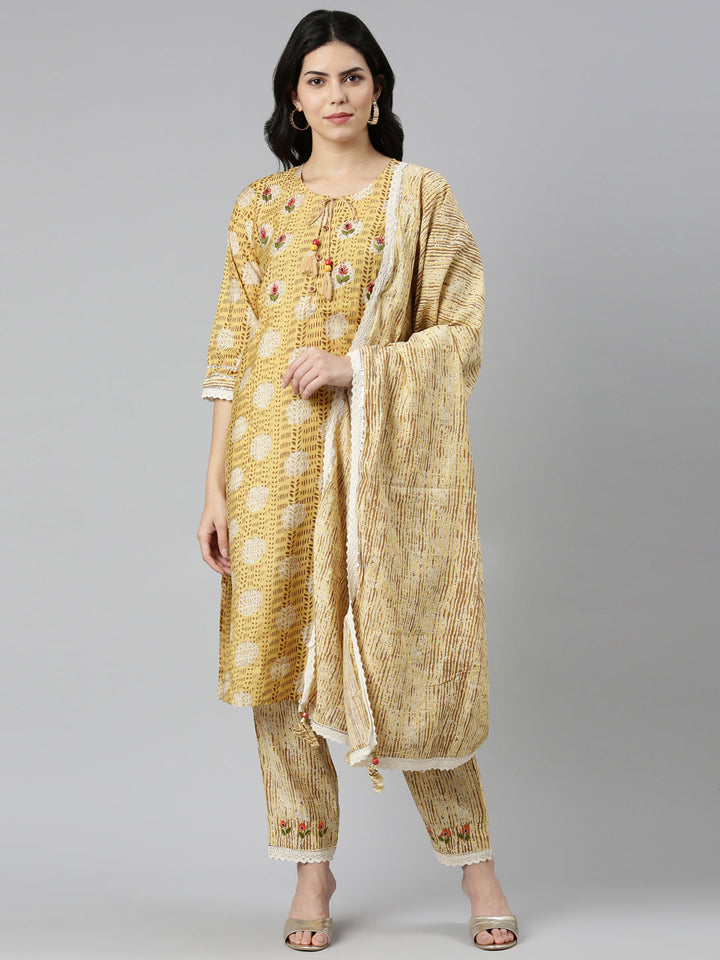 Neerus Yellow printed straight kurta set with dupatta - front view