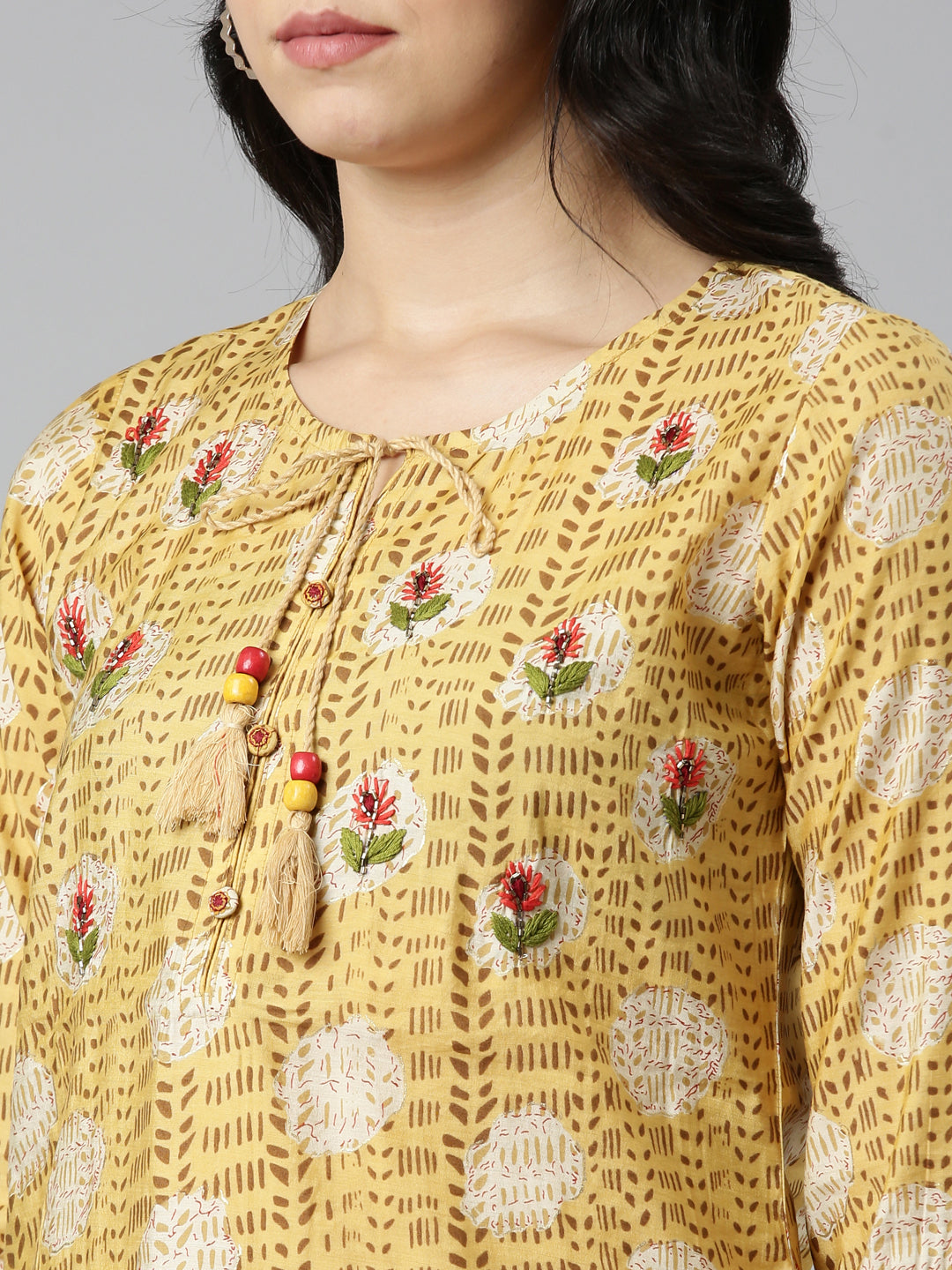 Neerus Yellow printed straight kurta set with dupatta - detail view 1