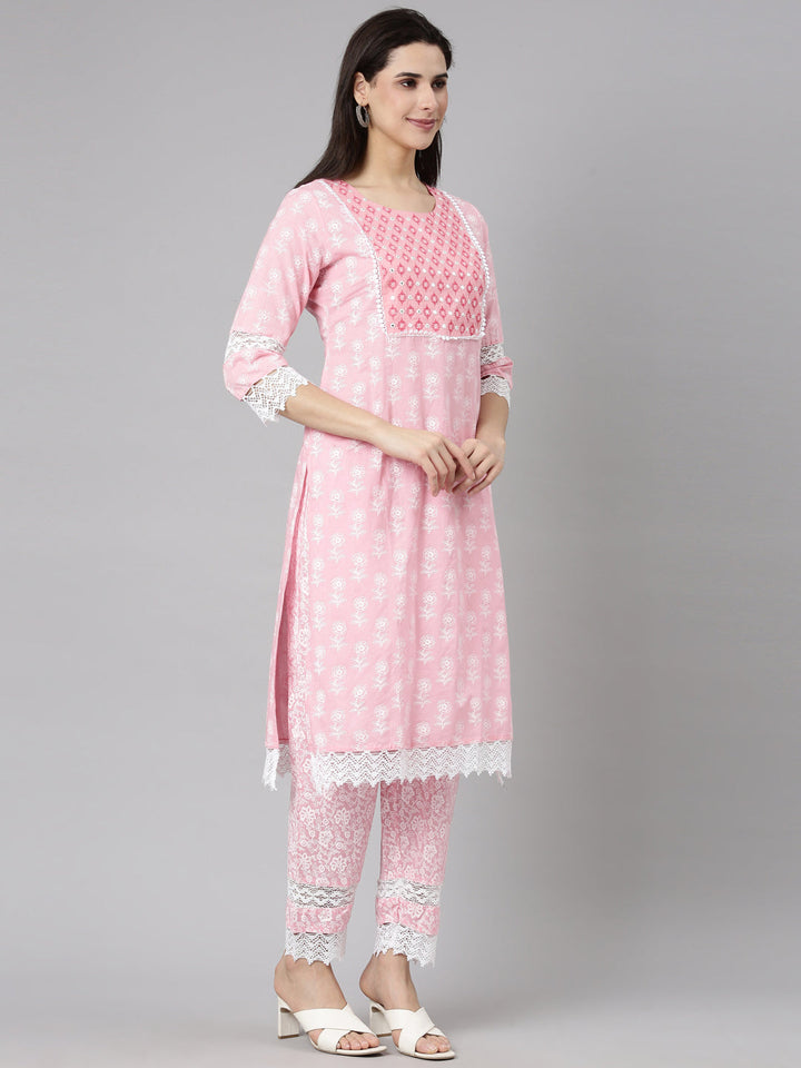 Neerus Pink Regular Straight Floral Kurta And  Trousers With Dupatta
