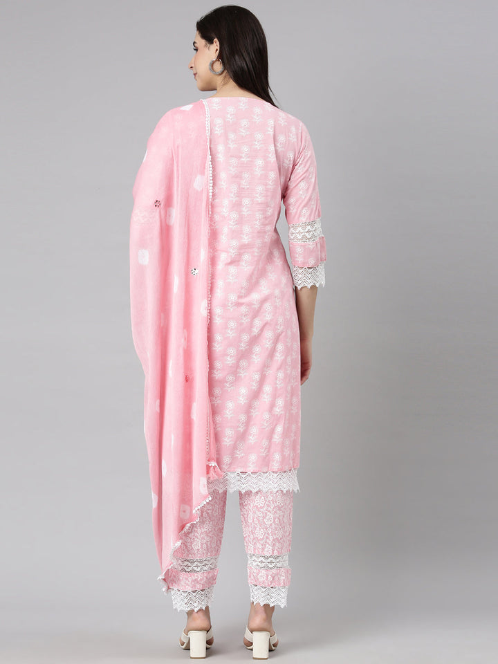 Neerus Pink Regular Straight Floral Kurta And  Trousers With Dupatta