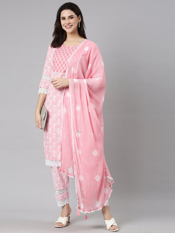 Neerus Pink Regular Straight Floral Kurta And  Trousers With Dupatta
