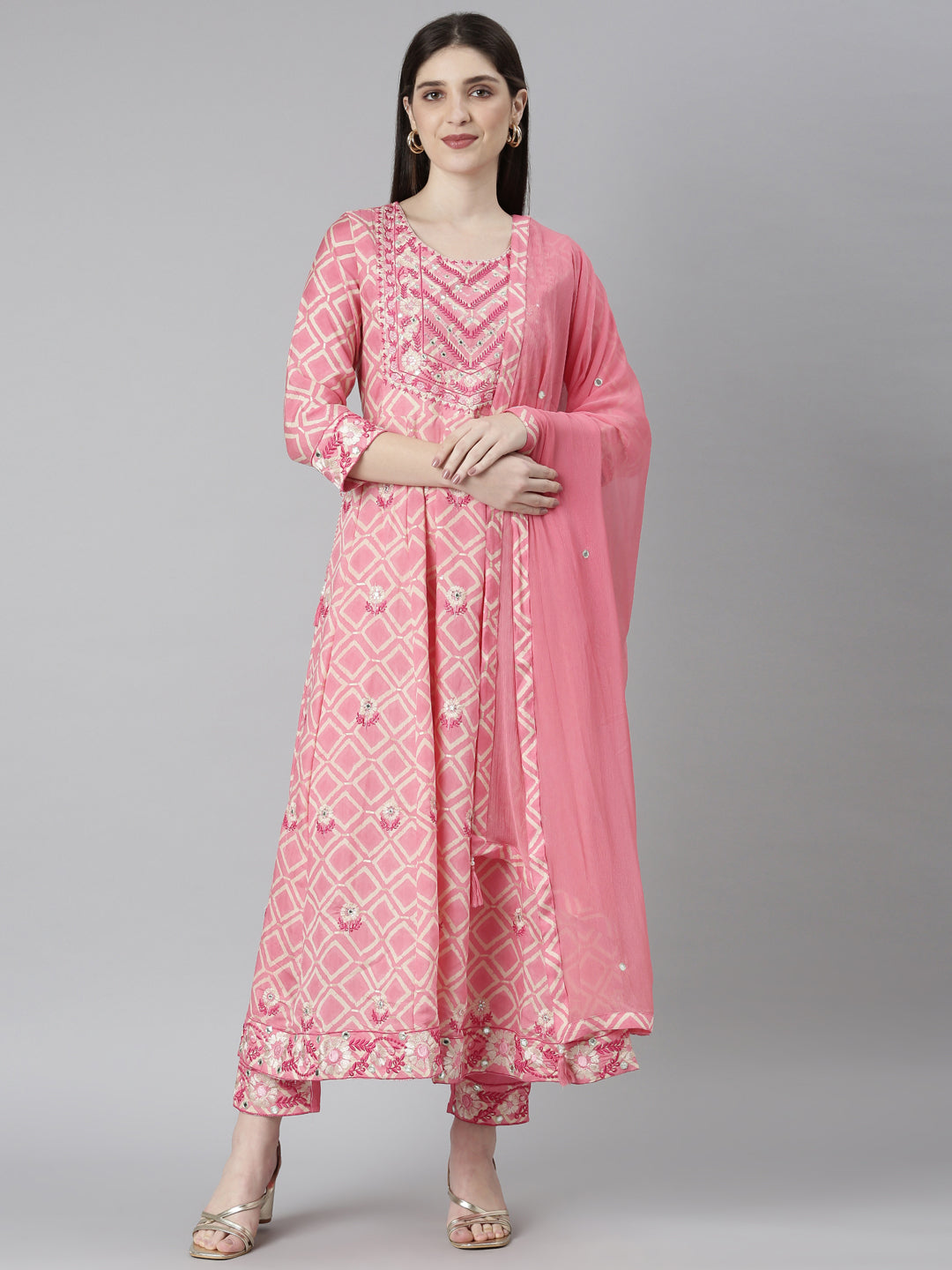 Neerus Pink printed straight kurta set with trouser and dupatta - front view