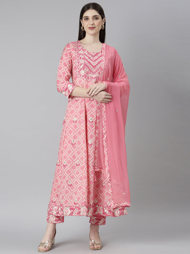 Neerus Pink printed straight kurta set with trouser and dupatta - front view