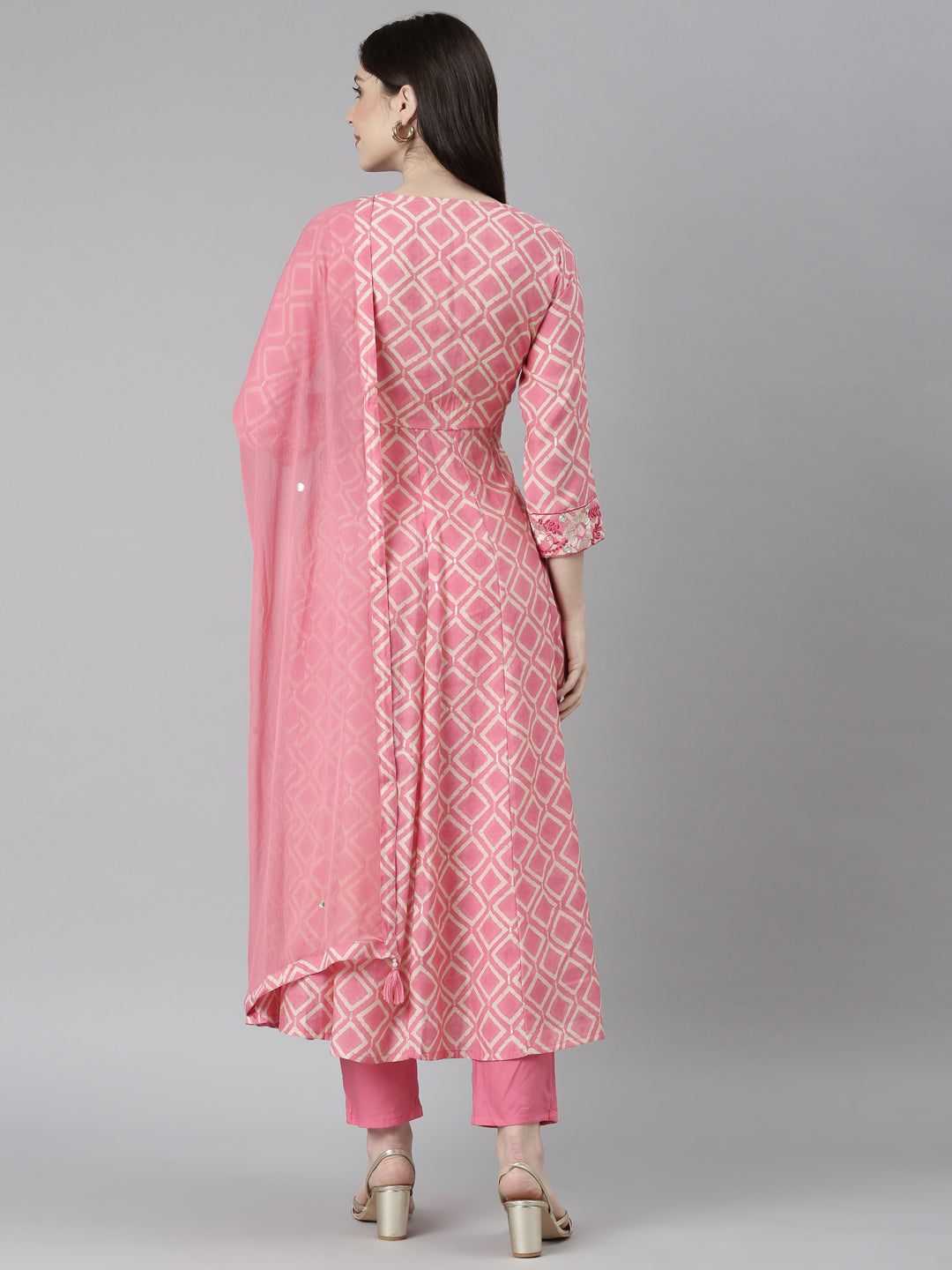 Neerus Pink printed straight kurta set with trouser and dupatta - side view