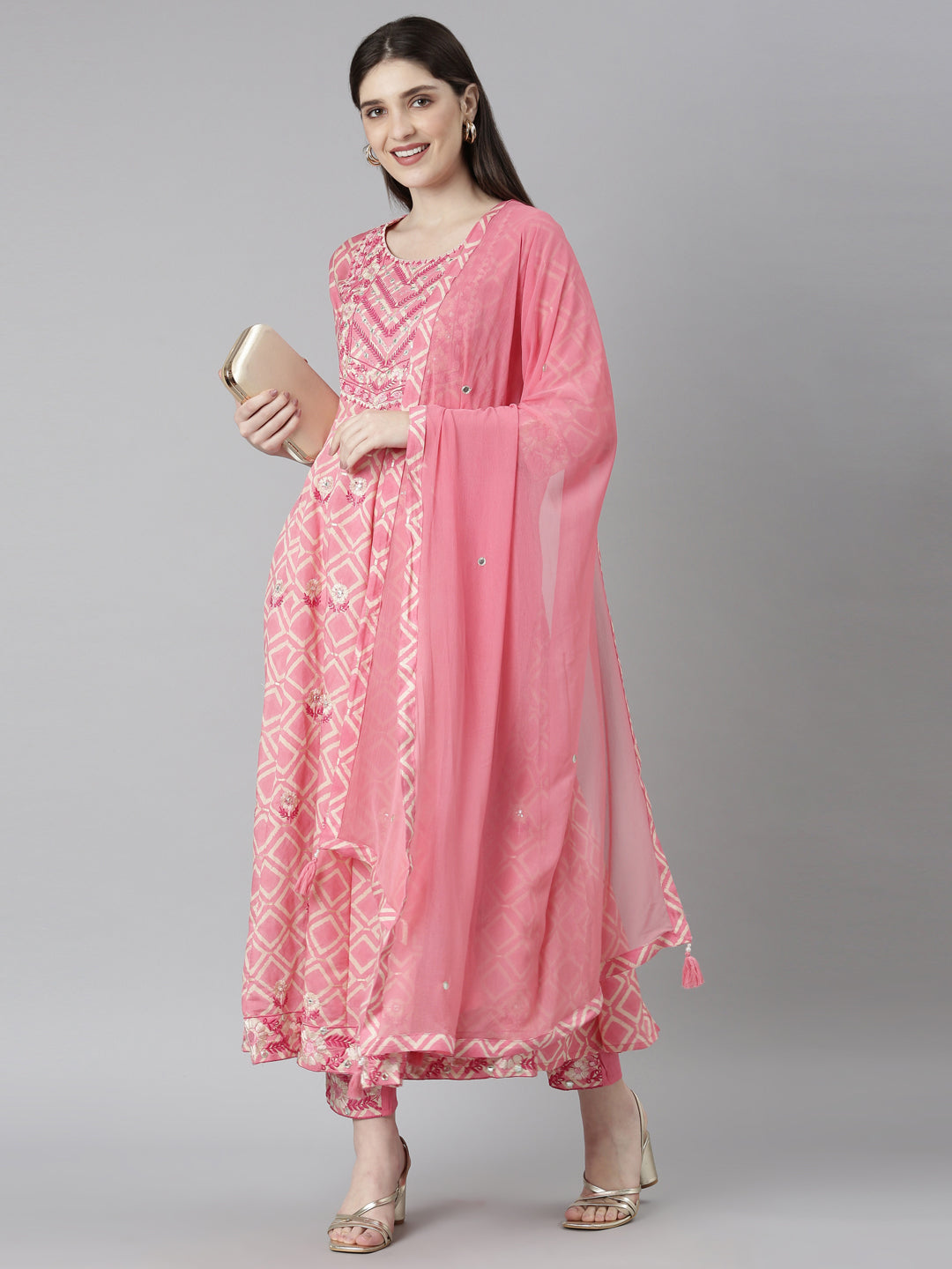 Neerus Pink printed straight kurta set with trouser and dupatta - detail view 2