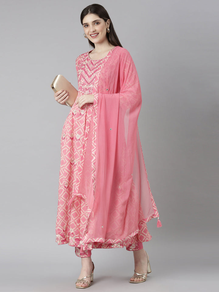 Neerus Pink printed straight kurta set with trouser and dupatta - detail view 2