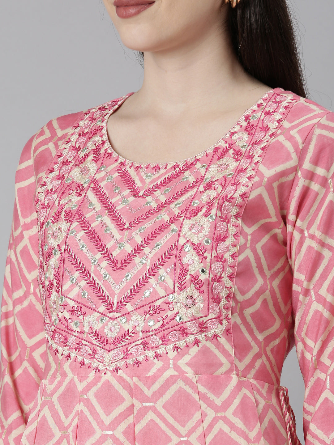 Neerus Pink printed straight kurta set with trouser and dupatta - detail view 1