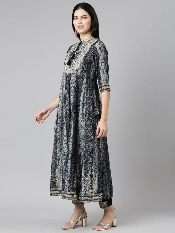 Neerus Blue printed straight kurta set with trouser and dupatta - back view