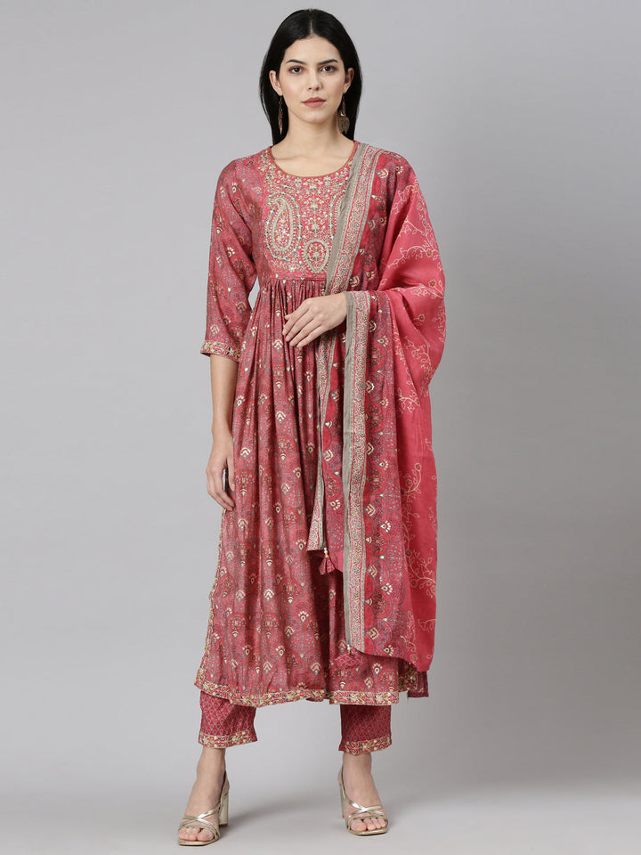 Neerus Pink printed Nyra cut kurta set with dupatta - front view