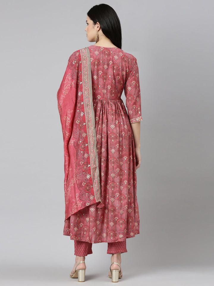 Neerus Pink printed Nyra cut kurta set with dupatta - side view
