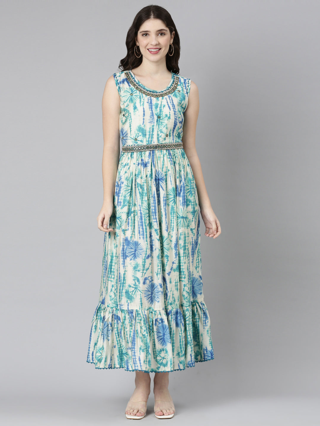 Neerus Green printed straight casual dress - front view